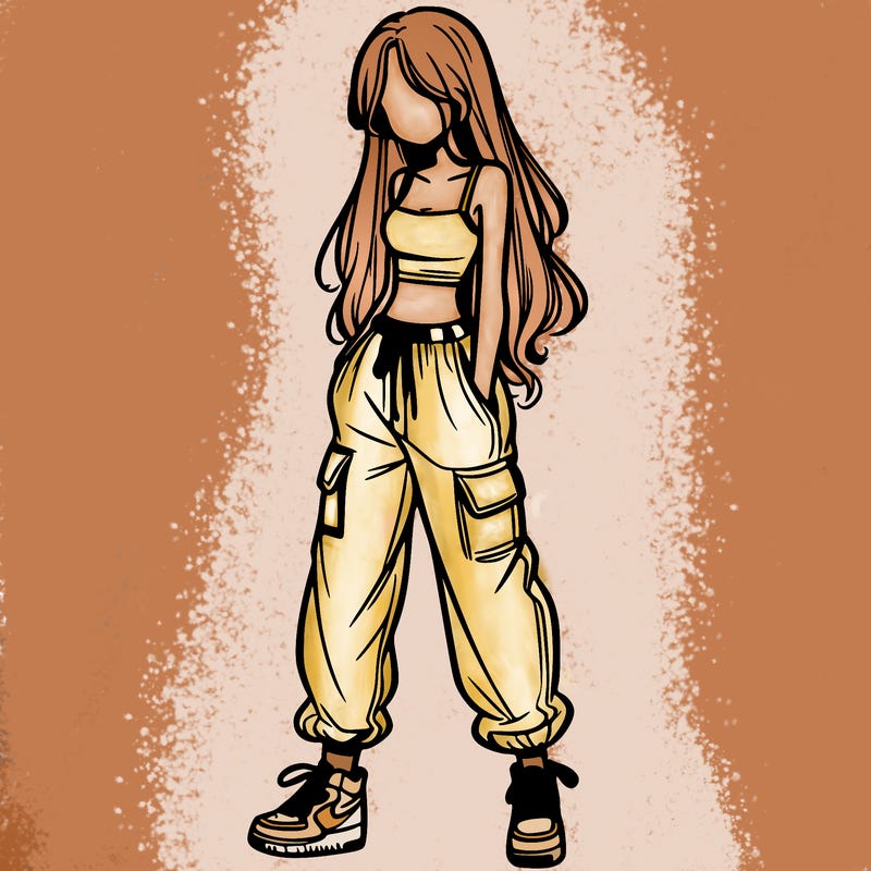 girl in baggy pants crop top and long hair