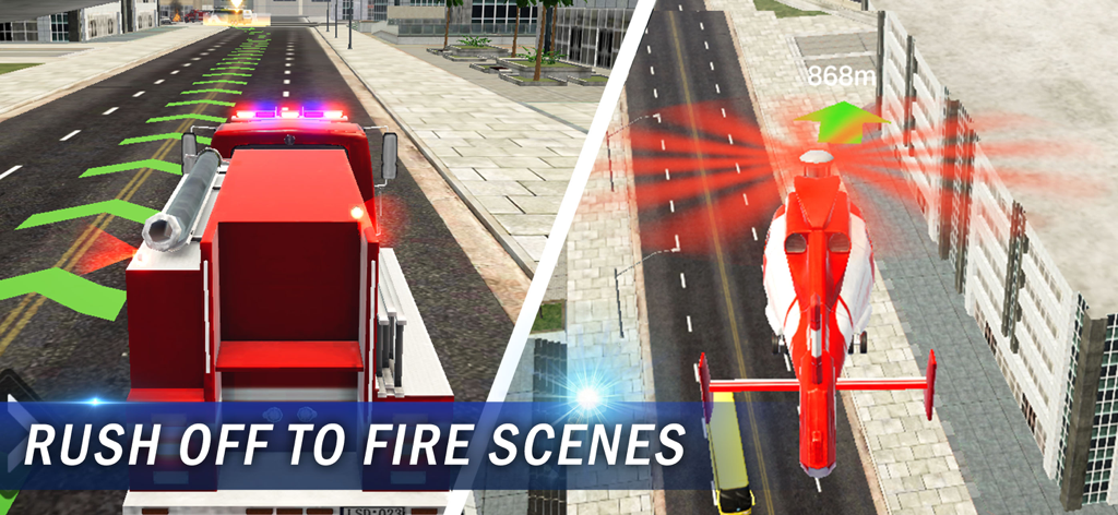 I'm Fireman - A fire truck driving on city streets and a rescue helicopter flying toward an emergency mission.
