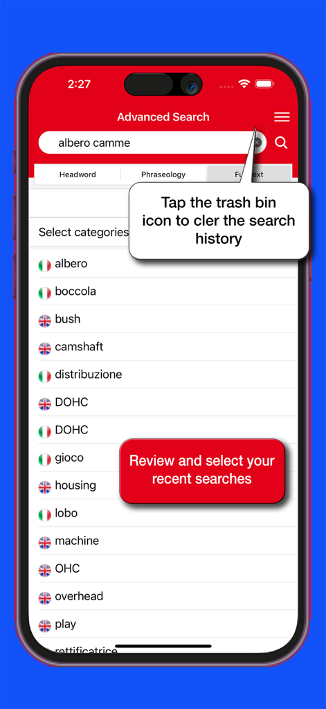 Marolli Technical Dictionary - Advanced search screen of the Marolli Technical Dictionary app showing engineering terms in English and Italian