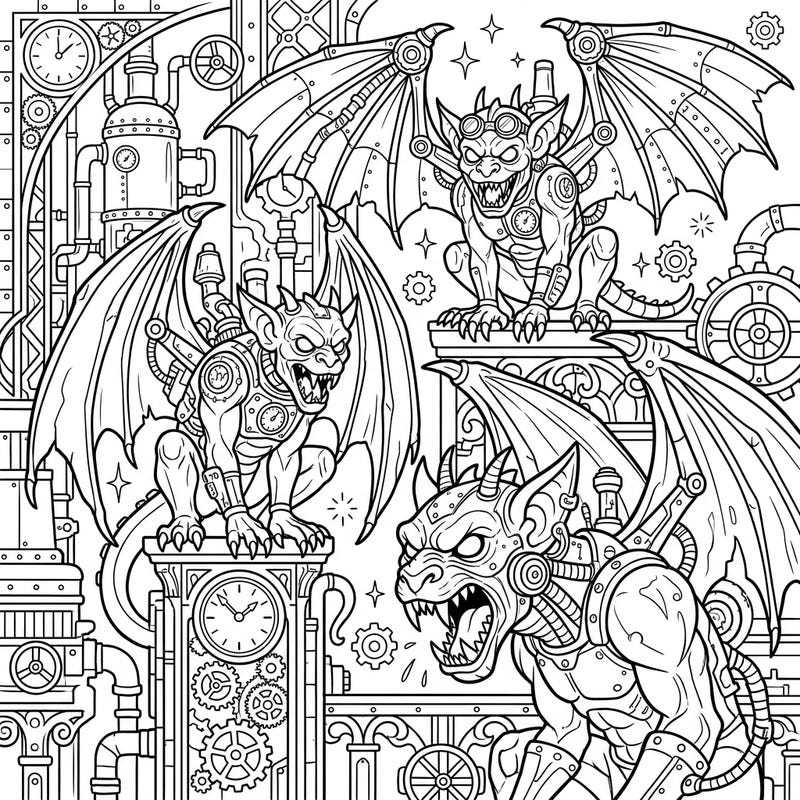 Explore a fascinating blend of dark fantasy and retro-futuristic design with this unique Steampunk Fanged Gargoyles coloring page. Featuring menacing creatures adorned with gears and steam-powered mechanisms, it promises an intricate and engaging coloring experience.