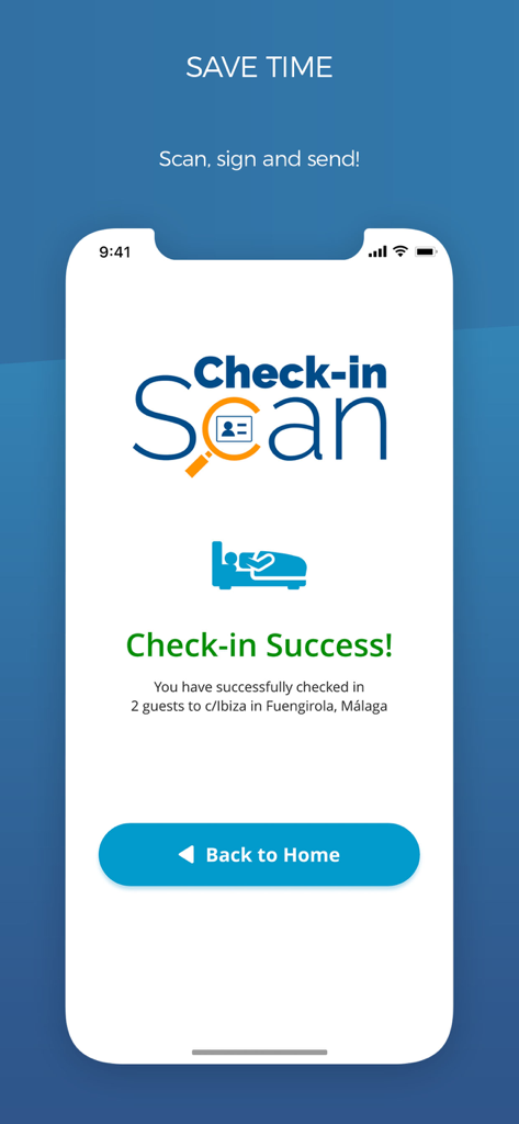 Pantalla de confirmación de la aplicación Escaneo de Check-in que muestra un registro de huésped exitoso
