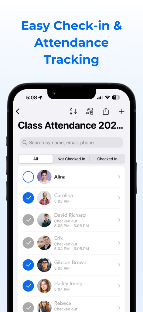 OneTap Check-In mobile app interface displaying a class attendance list with profile photos and check-in status timestamps