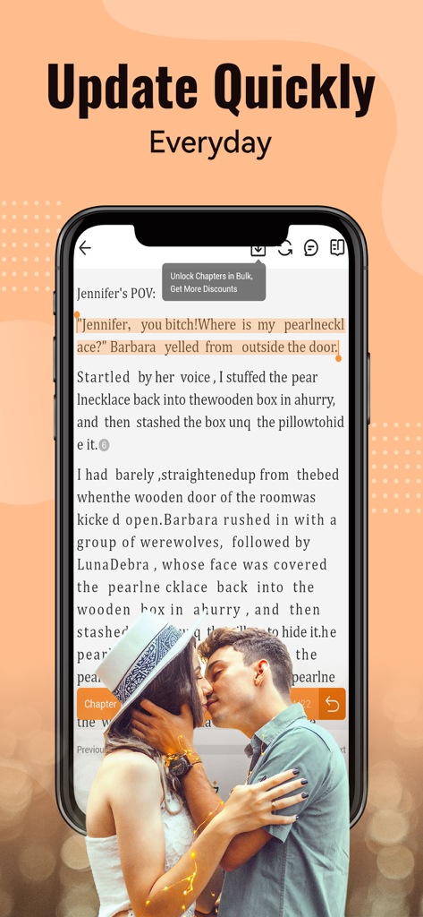 Smartphone screen showing the BestNovel app interface with a romance story excerpt and daily update announcement