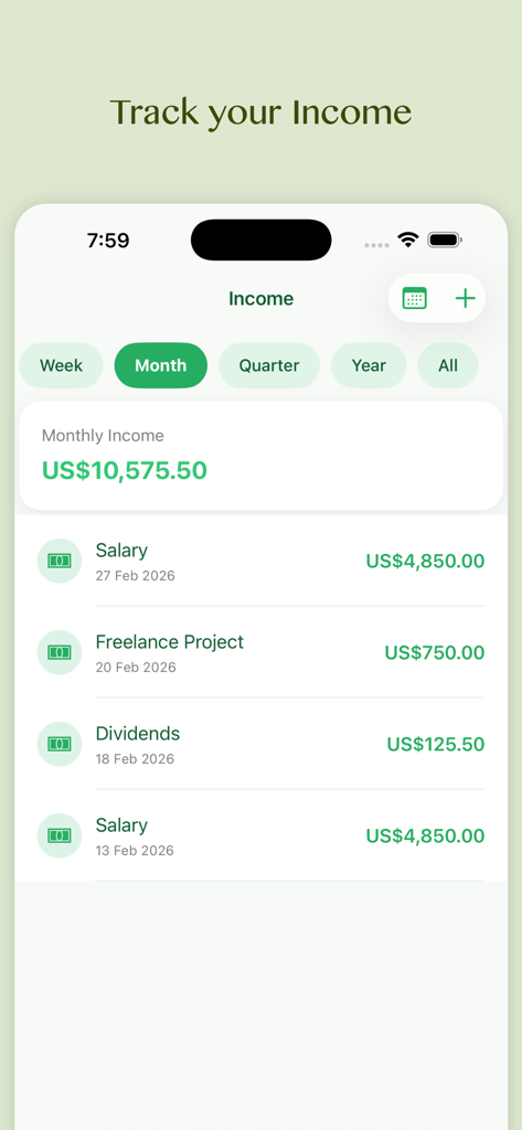 Einkommensverfolgungs-Dashboard in Budget Planner, das monatliche Einnahmen aus Gehalt, freiberuflicher Tätigkeit und Dividenden anzeigt