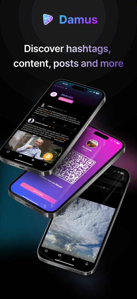 ハッシュタグ検索とNostrプロフィールQRコードを備えたDamusアプリのインターフェイスを表示する3つの携帯電話画面。