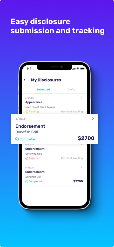 Spry+ - Spry plus app screen showing NIL disclosure tracking for student athletes including endorsements and payment statuses.