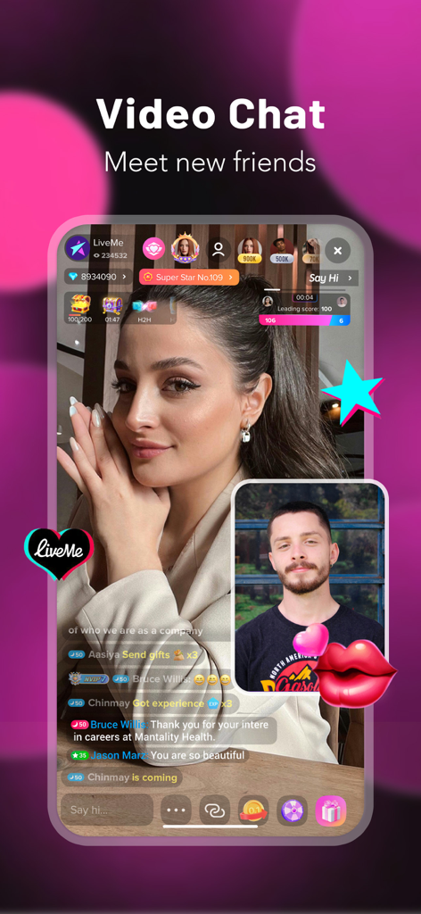 A woman and a man interacting through the LiveMe video chat feature with live comments and digital gifts.