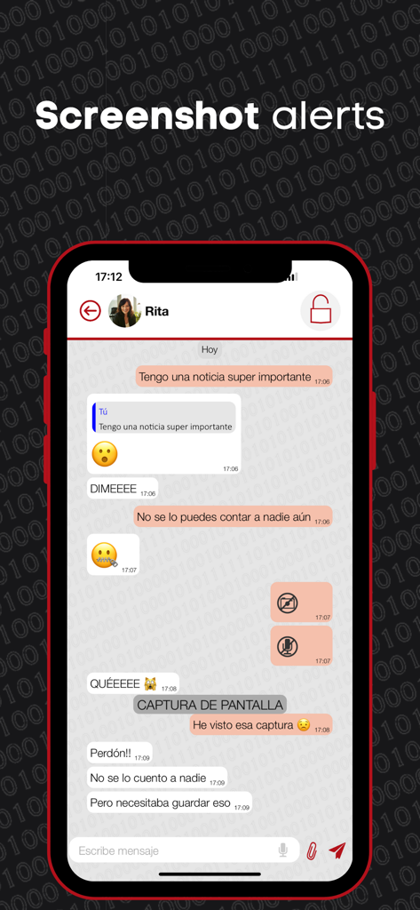 Criptoo - Interface do aplicativo Criptoo mostrando uma notificação em tempo real quando uma captura de tela é feita em um chat privado.