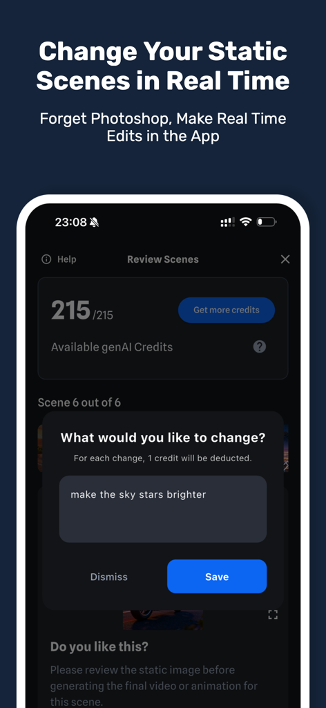 Shorts AI - Video Creator - Shorts AI app interface showing a real-time editing prompt to brighten sky stars in a video scene.