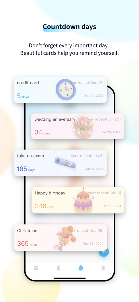 Bildschirm der mobilen App mit Countdown-Karten für Ereignisse wie Geburtstage und Prüfungen