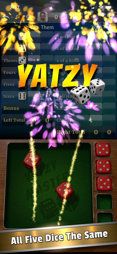 A celebratory screen in the Yatzy Dice Master app showing five matching red dice and festive fireworks.