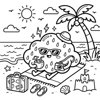 Escape to the sunny shores with this delightful Kawaii Squall Cloud on Vacation coloring page, featuring an adorable storm enjoying a well-deserved beach getaway. This charming design offers a unique and joyful coloring experience for all ages, blending cuteness with a touch of whimsy.