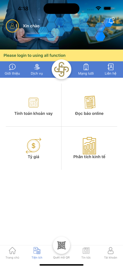 Chailease App - Dashboard der Chailease App auf Vietnamesisch mit Finanzinstrumenten, einschließlich Darlehensberechnungen und Wechselkursen
