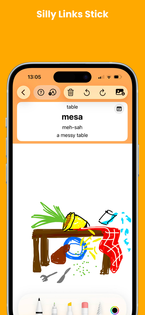 Drawn from Memory – Languages - A mobile app screen showing a hand-drawn mnemonic of a messy table to learn the Spanish word mesa.