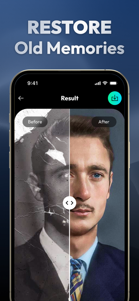 Comparación lado a lado que muestra una foto antigua dañada en blanco y negro restaurada a una imagen clara y coloreada usando IA