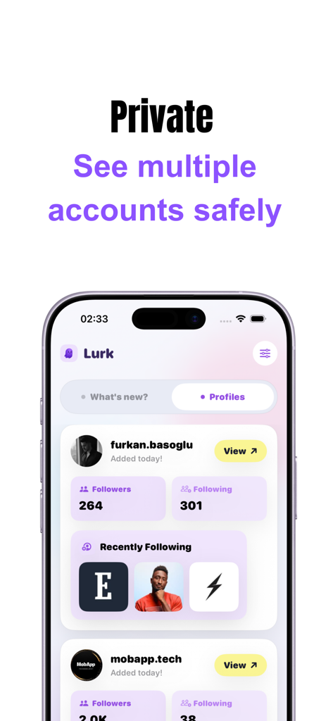 Lurk : Recent Follow Tracker - Dashboard of the Lurk app showing private tracking of multiple social media profiles
