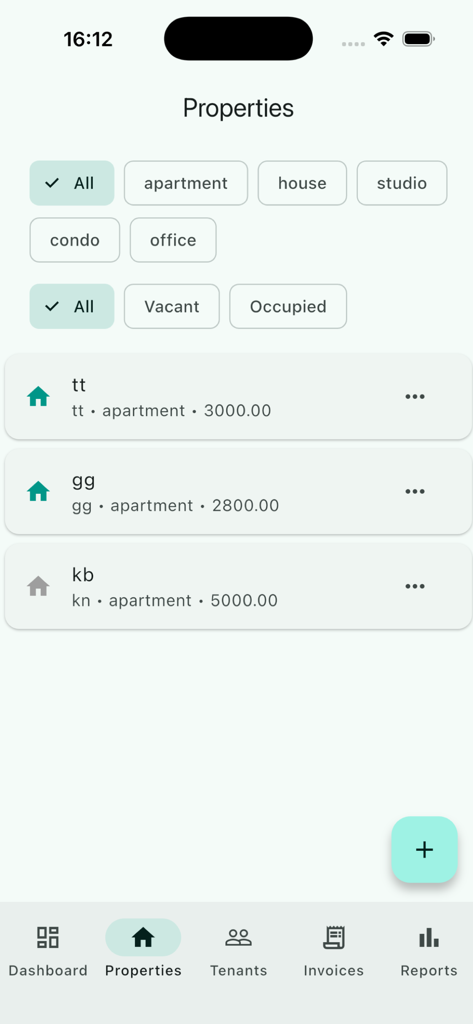 Bildschirm zur Immobilienverwaltung in der SmartCart-App, der Mietangebote und Filter anzeigt