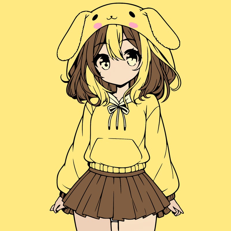 pretty anime girl wearing a fluffy hoodie with bunny ears on the hood and a skirt
