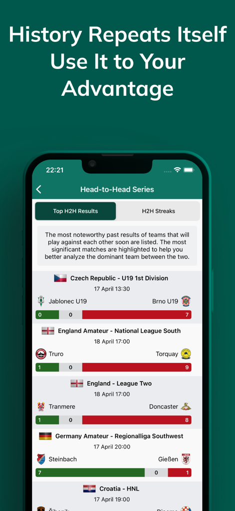 BetAnalysis & Prediction - サッカーの直接対決シリーズの結果と過去のチームパフォーマンス統計を示すBetAnalysisアプリ。