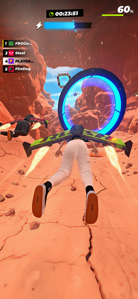 RUSH: Xtreme - A character flying with a jetpack wing through a red canyon in the RUSH Xtreme mobile game
