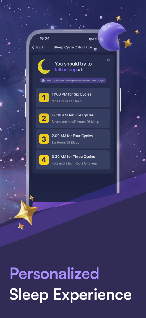 Track My Sleep Now - 수면 주기에 따라 권장 취침 시간을 보여주는 수면 주기 계산기가 있는 모바일 앱 화면