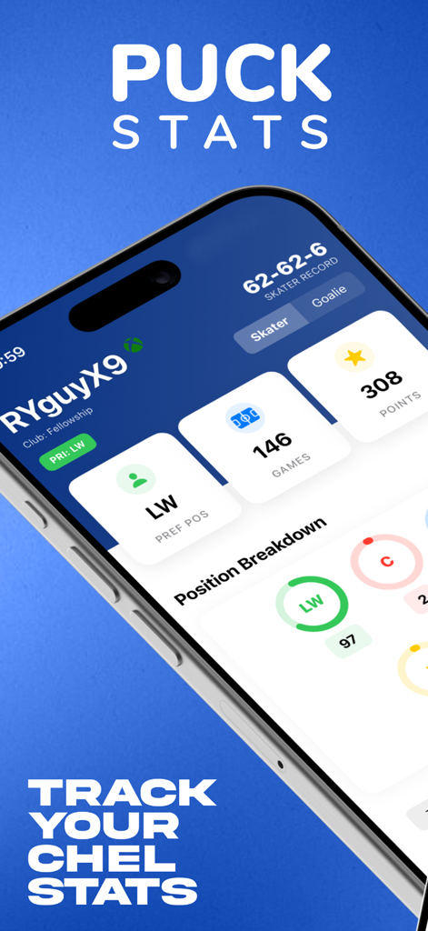 Puck Stats - Puck Stats app interface showing a player profile with statistics for games played, points, and position breakdown