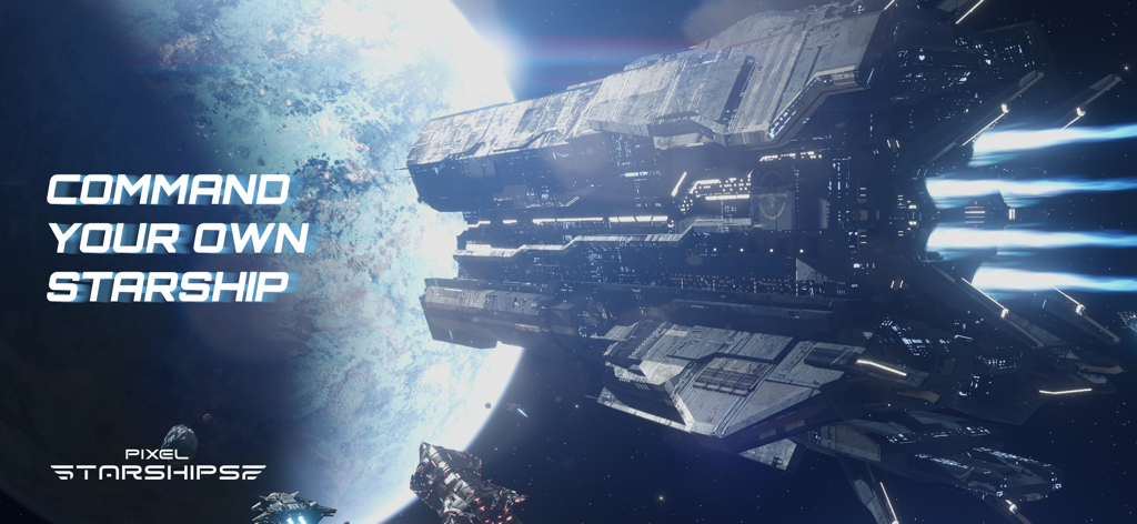 Pixel Starships 2 - Vue cinématique d'un vaisseau spatial géant en orbite autour d'une planète avec le texte Commandez votre propre vaisseau spatial