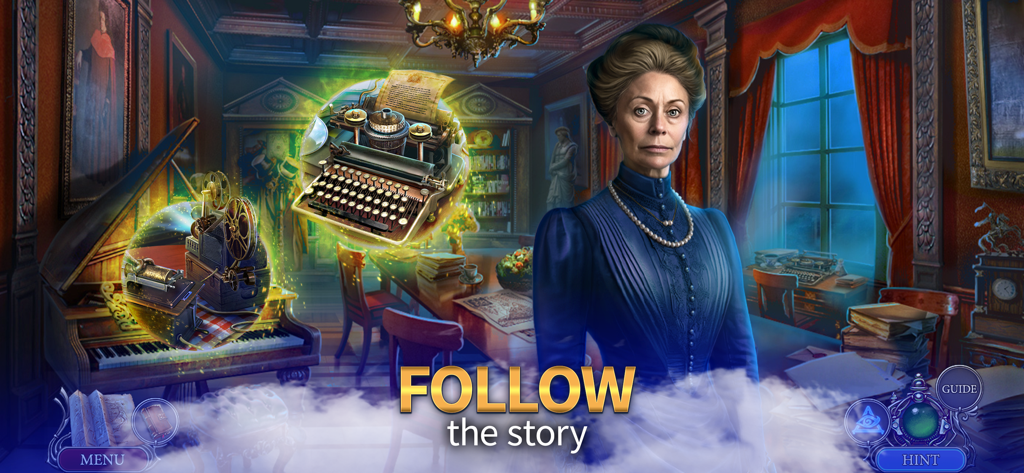 Dark City: Amsterdam Mystery - Agatha standing in a vintage study with a typewriter and a piano in Dark City Amsterdam Mystery