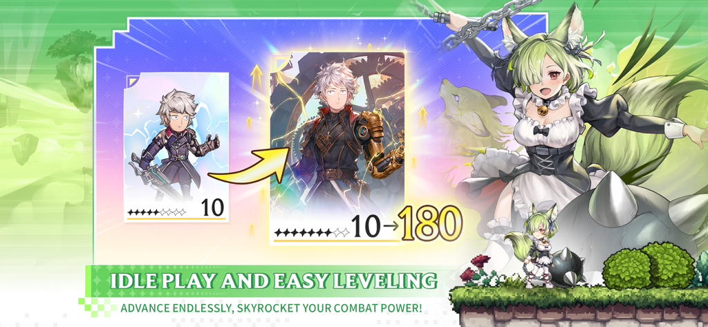 Isekai Saga: Awaken - Isekai Saga Awaken gameplay screenshot showing rapid hero leveling from 10 to 180 with idle play mechanics.