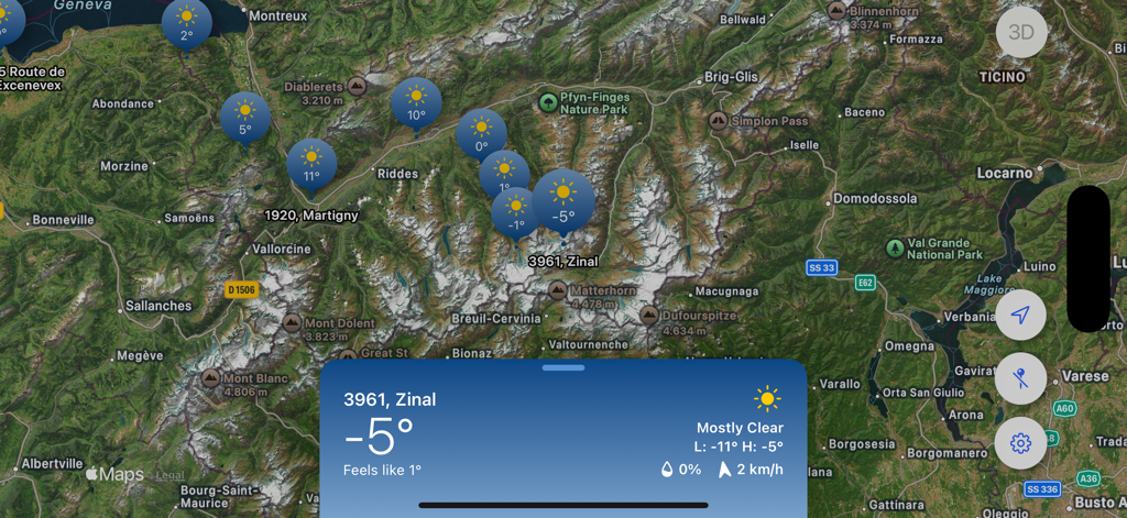 Tap Weather - Tap Weatherアプリの衛星マップビューに山脈全体の気温アイコンとZinalの詳細な予報が表示されています
