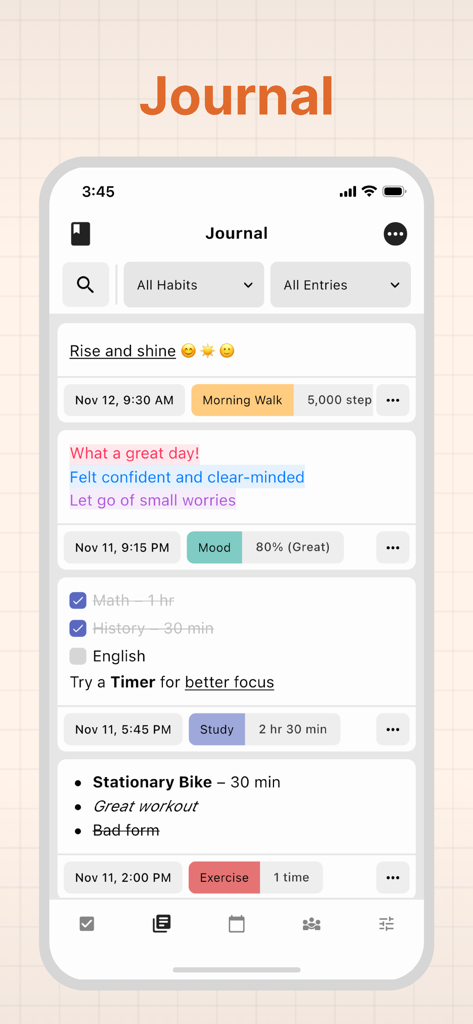 HelloHabit app journal interface showing daily habit logs