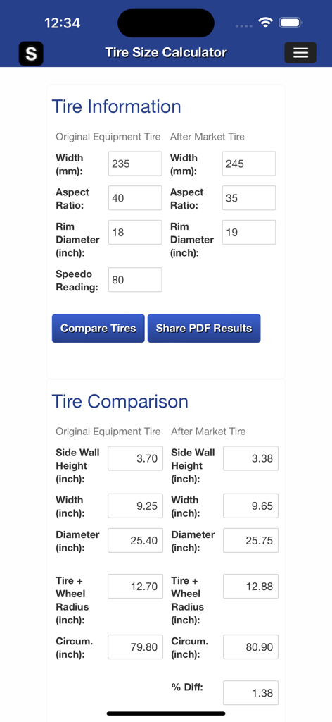 A mobile interface for comparing original equipment and aftermarket tire dimensions including width aspect ratio and rim diameter