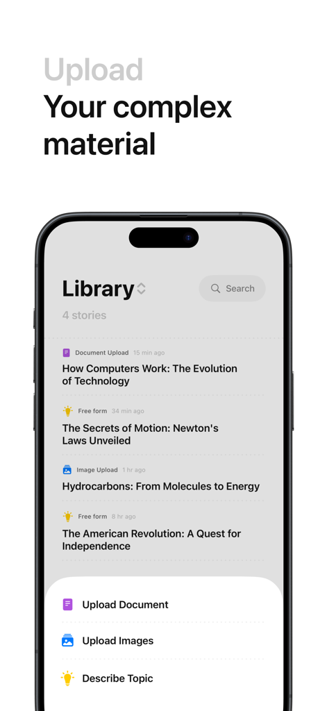 Grasp - AI Crash Courses - Interface of the Grasp app showing options to upload documents or images to create AI crash courses.