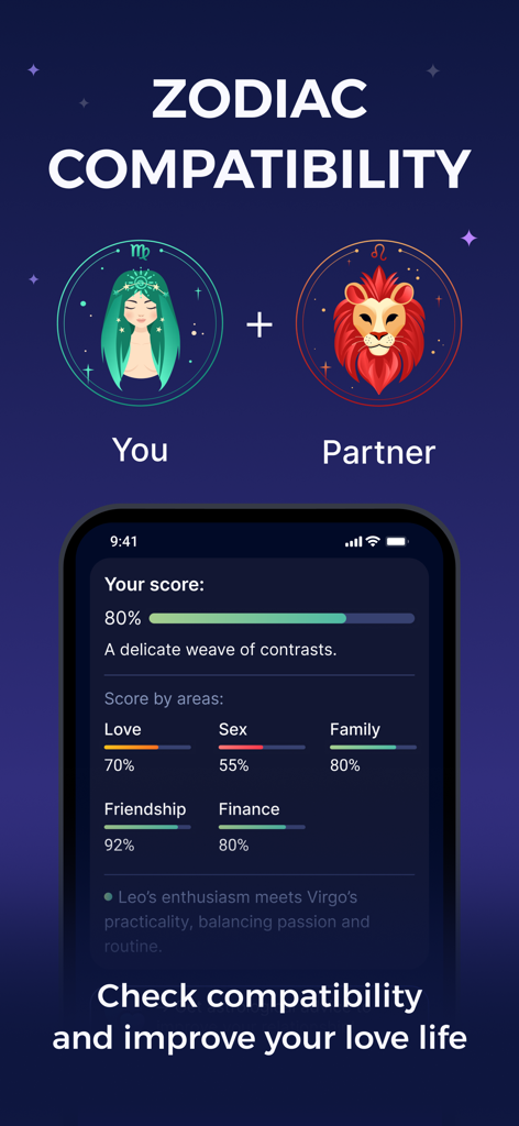 Zodiac compatibility feature in the Astro app showing relationship scores between signs.