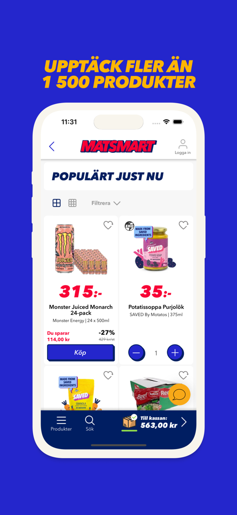 Matsmart - Interface da aplicação móvel Matsmart mostrando produtos de mercearia com desconto e promoções em massa para compras sustentáveis