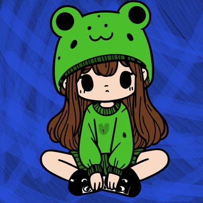 a girl wearing a frog hat and some frog socks