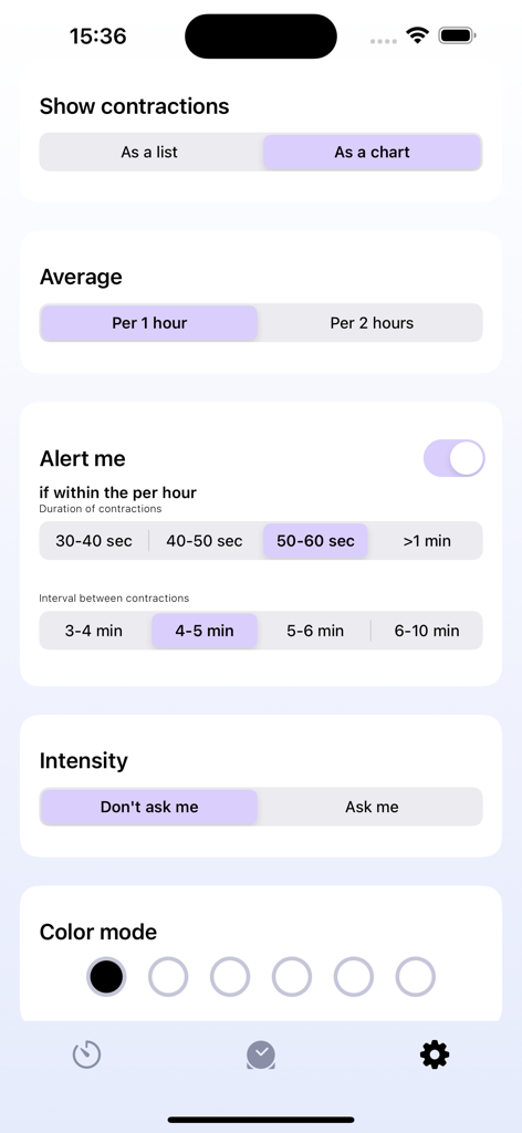 Pregnancy: Contraction Timer - Settings screen of the Pregnancy Contraction Timer app showing alert configurations and color mode options