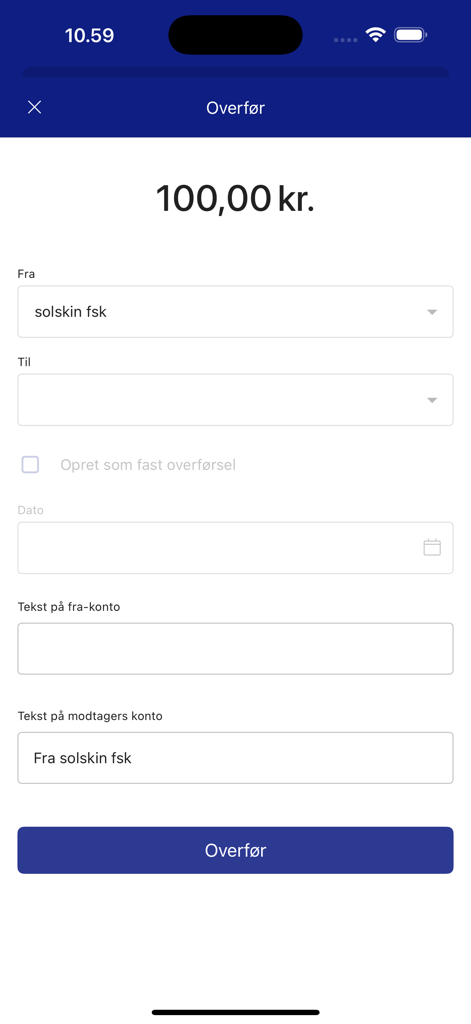 MitNykredit Erhverv - Un écran mobile de l'application MitNykredit Erhverv montrant un formulaire de virement pour 100 couronnes danoises.