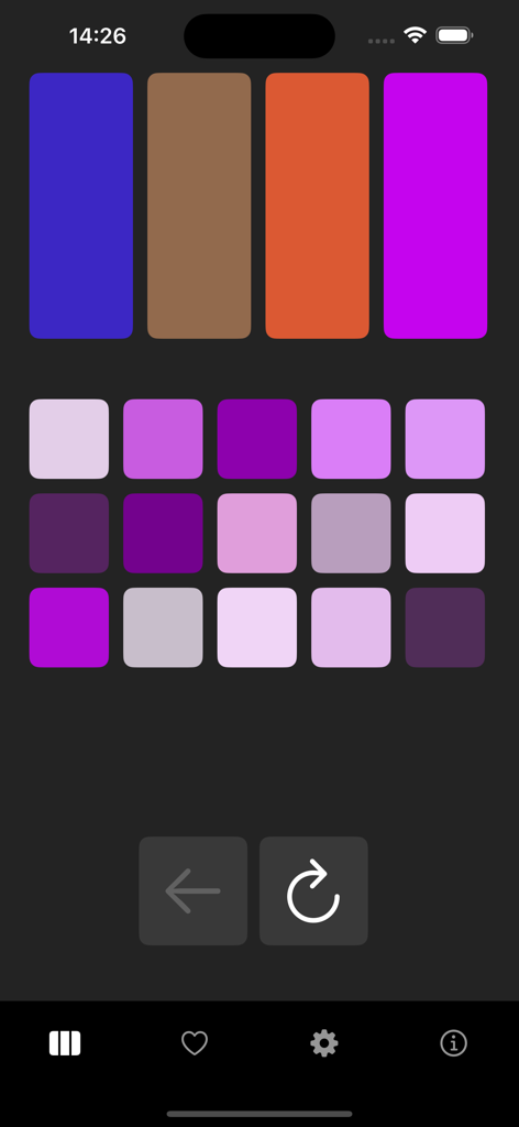 Random Palette - Random Paletteアプリのインターフェースにカラーパレットと紫色のカラーバリアントのグリッドが表示されている。