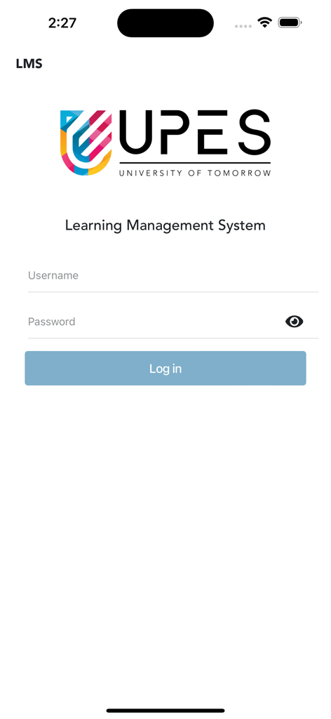 UPES LMS - Login screen of the UPES Learning Management System app featuring username and password fields