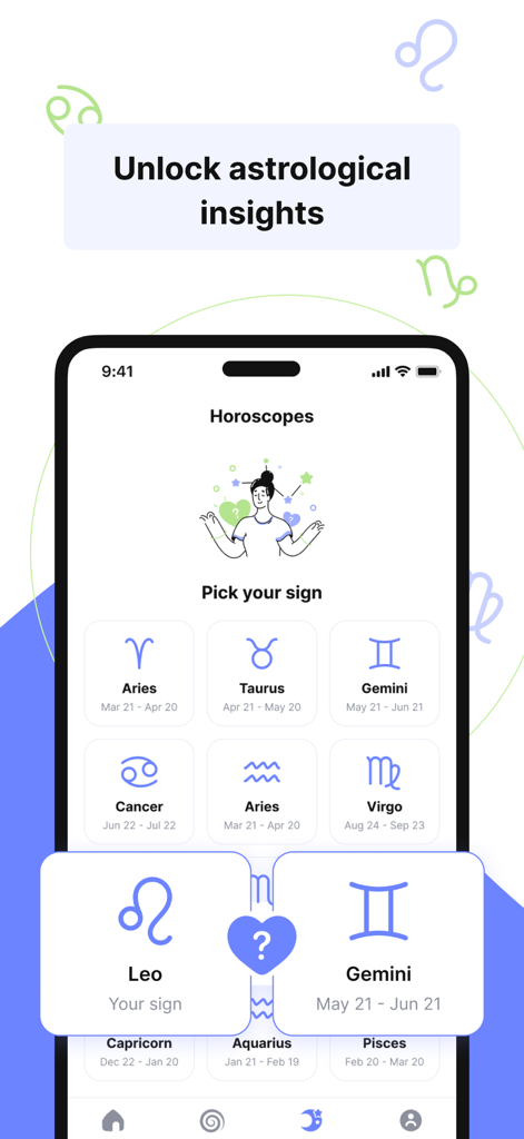 Interface of the Kasamba app showing a variety of zodiac signs to unlock astrological insights