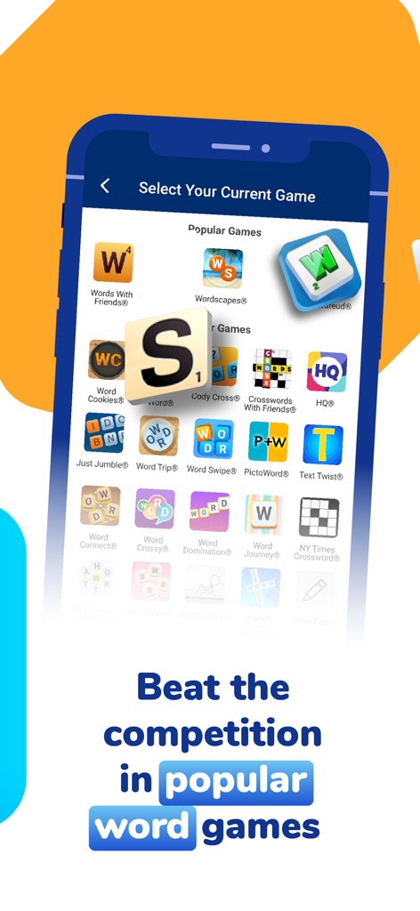 A smartphone screen from WordFinder showing a selection of popular word games like Words With Friends and Wordscapes.