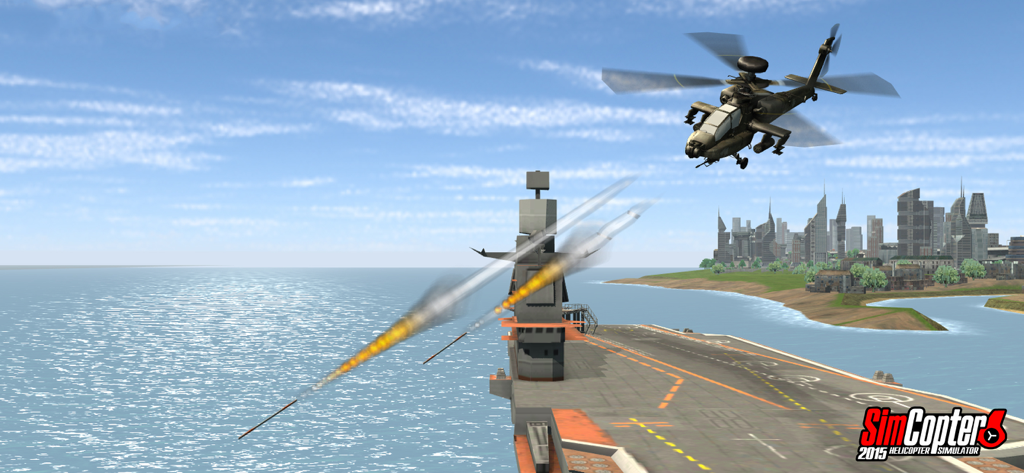 Helicopter Simulator 2015 - Helicóptero Apache disparando misiles sobre un portaaviones