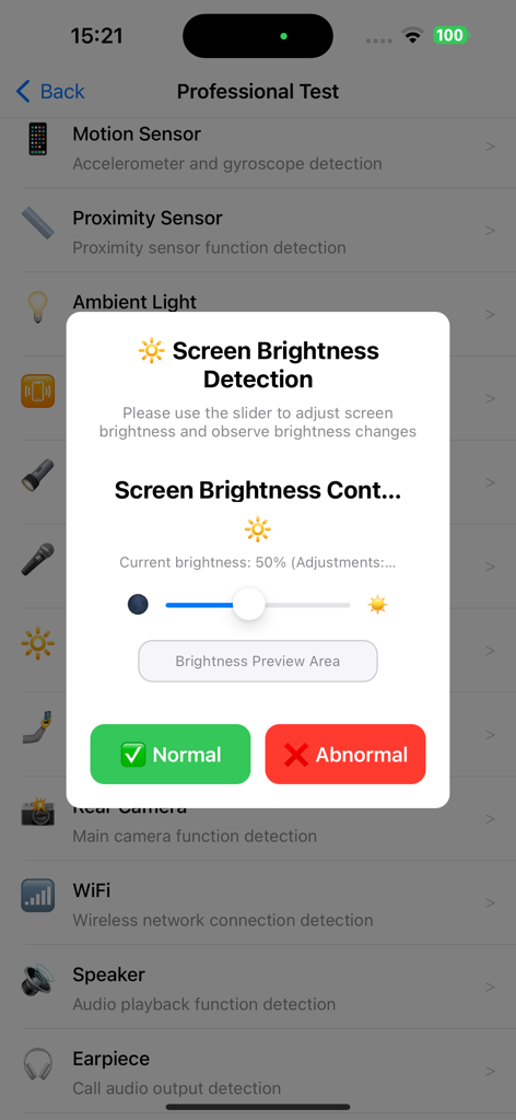 Phone Diagnostics Expert - A professional hardware test screen for screen brightness detection within the Phone Diagnostics Expert app showing a brightness slider and normal or abnormal status buttons.