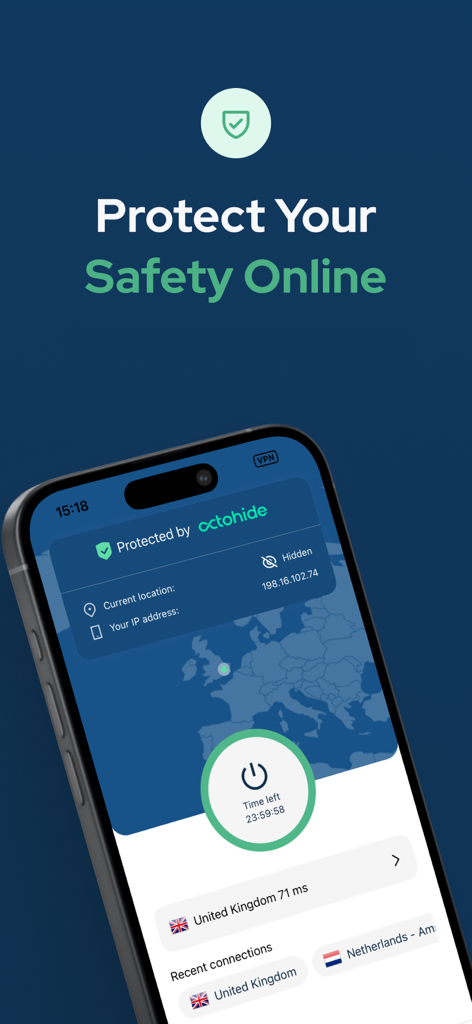 Octohide VPN app interface on an iPhone displaying an active secure connection and the slogan Protect Your Safety Online
