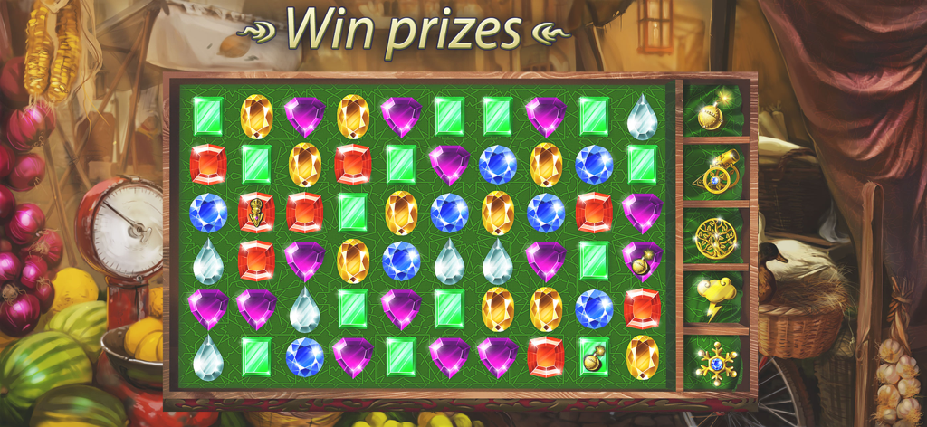 Un colorido minijuego de puzle Match-3 con gemas brillantes y potenciadores especiales ambientado en una escena de mercado parisino