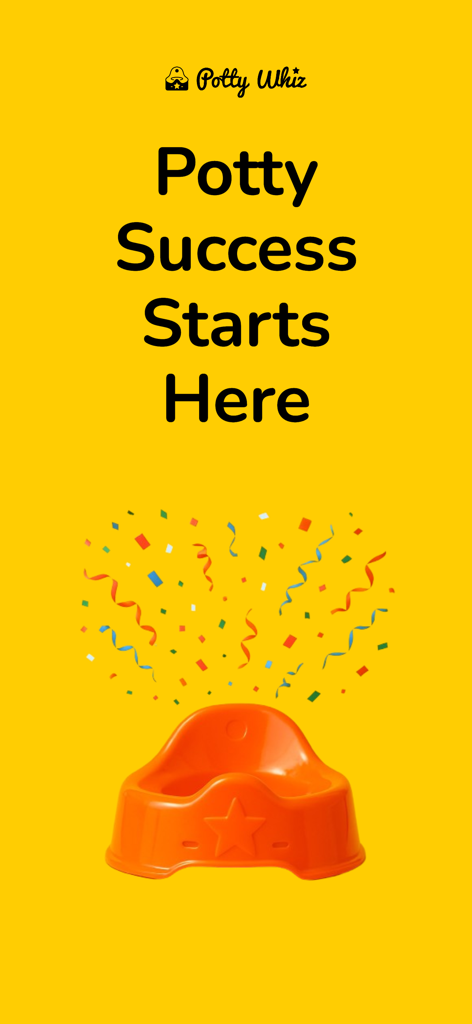 Potty Whiz: Training App - Potty Whiz app welcome screen featuring an orange potty chair with celebratory confetti and the text Potty Success Starts Here.