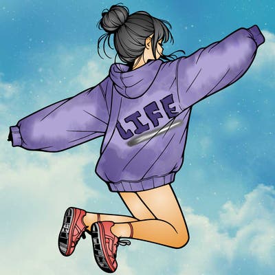 realistic girl jumping with a bun and oversized sweatshirt