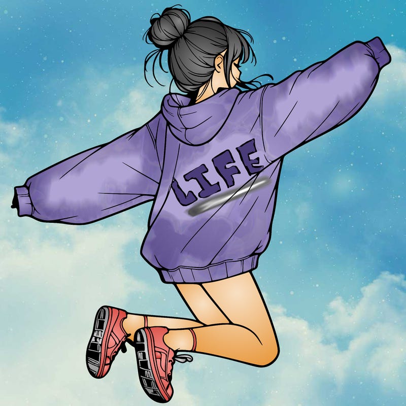realistic girl jumping with a bun and oversized sweatshirt