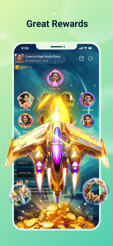 Hapi-Group Voice Chat - Hapi app screenshot showing a voice chat room with great rewards including a golden spaceship effect and piles of coins